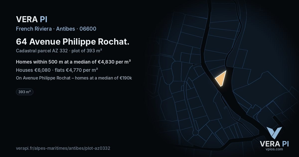 64 Avenue Philippe Rochat, Antibes at night – the plot lit, the parcels around coloured by the prices near them