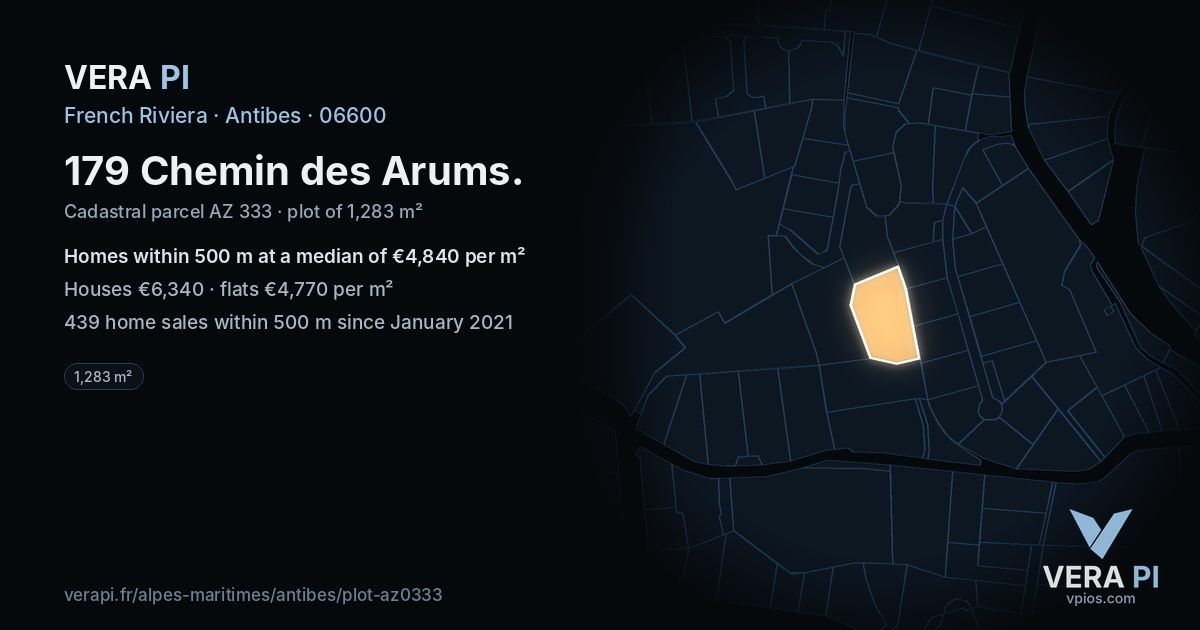 179 Chemin des Arums, Antibes at night – the plot lit, the parcels around coloured by the prices near them