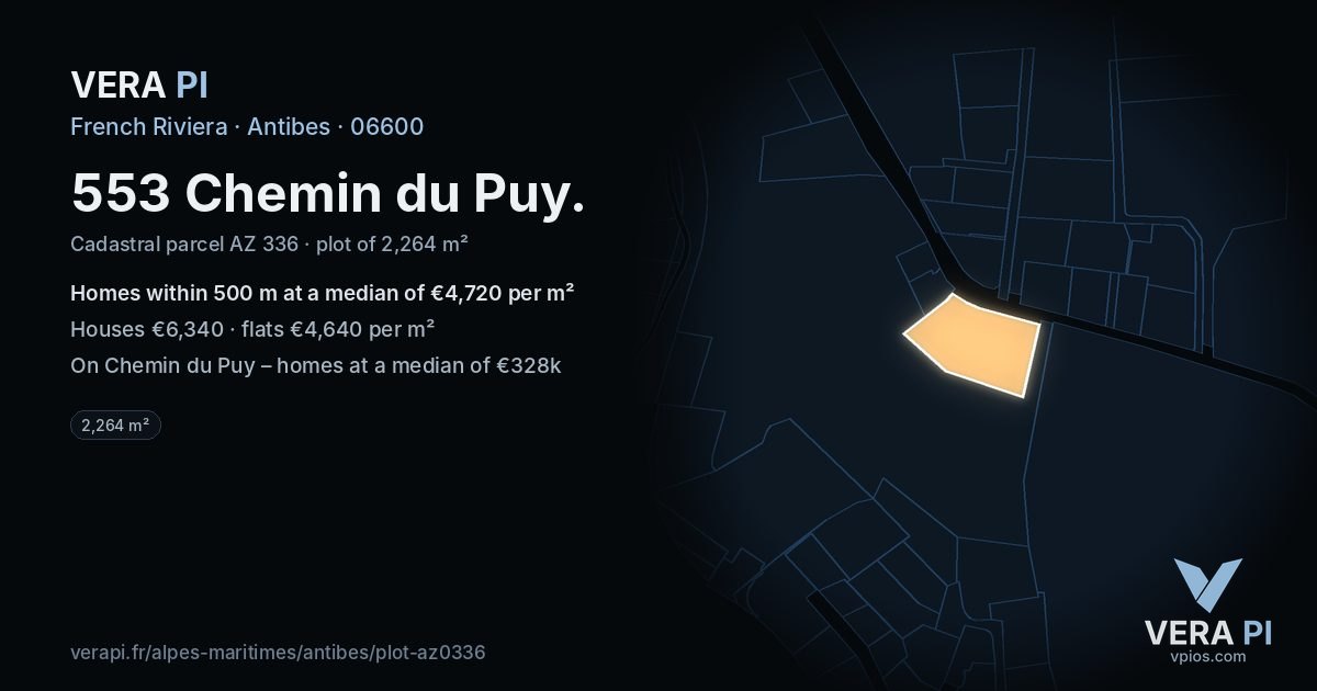 553 Chemin du Puy, Antibes at night – the plot lit, the parcels around coloured by the prices near them