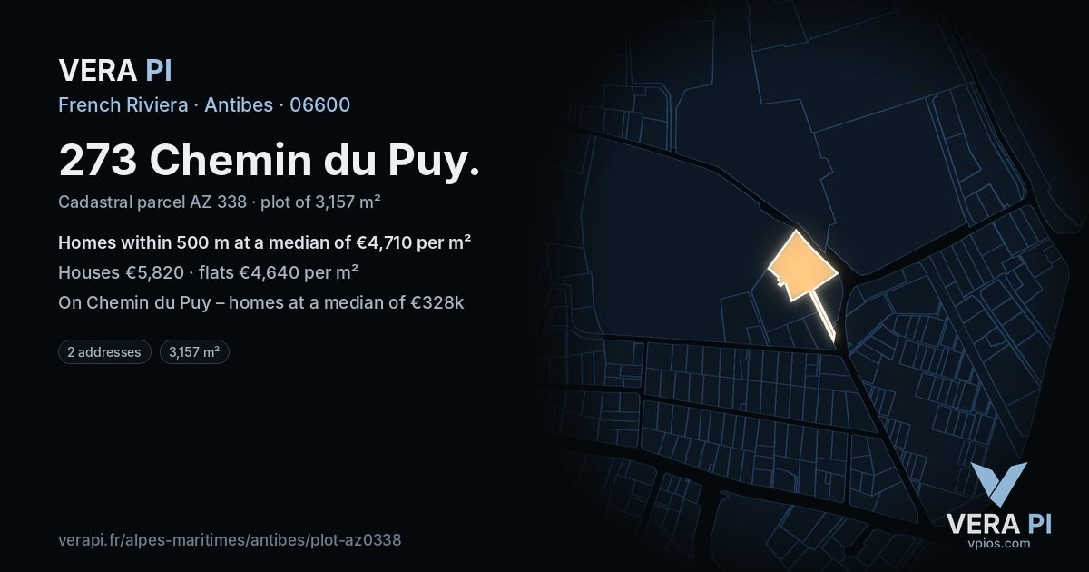 273 Chemin du Puy, Antibes at night – the plot lit, the parcels around coloured by the prices near them