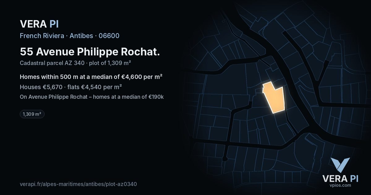 55 Avenue Philippe Rochat, Antibes at night – the plot lit, the parcels around coloured by the prices near them