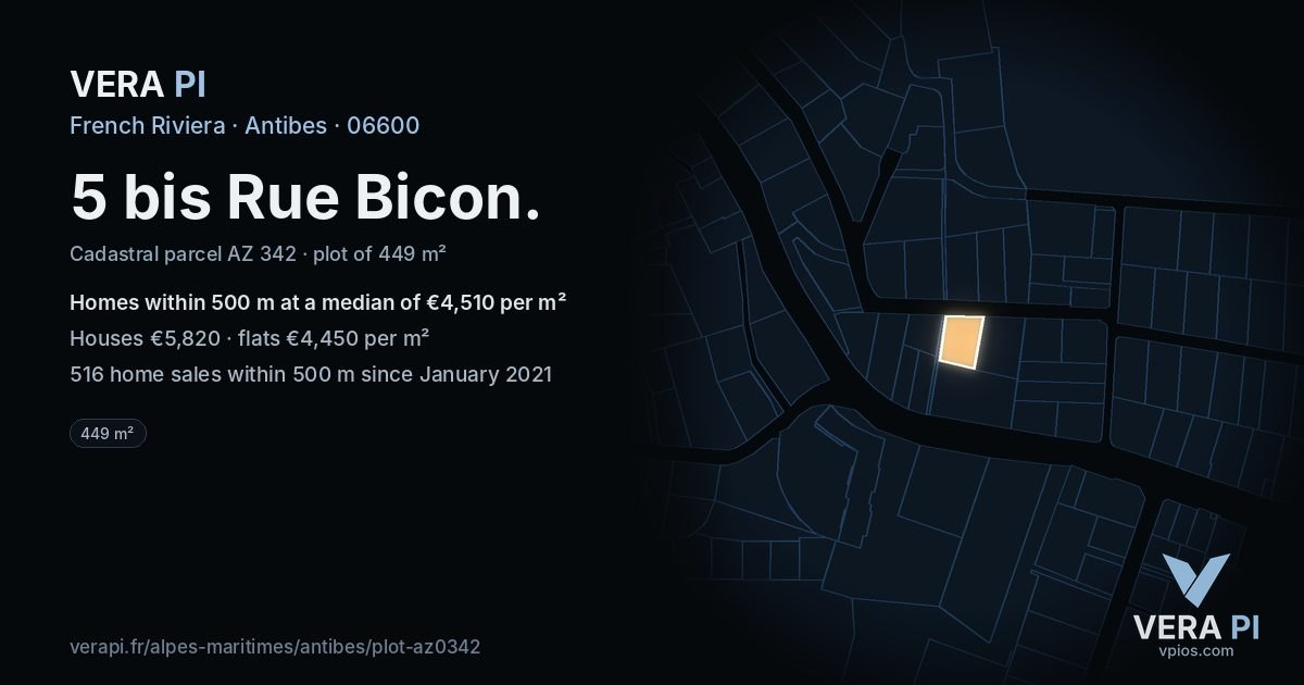 5 bis Rue Bicon, Antibes at night – the plot lit, the parcels around coloured by the prices near them