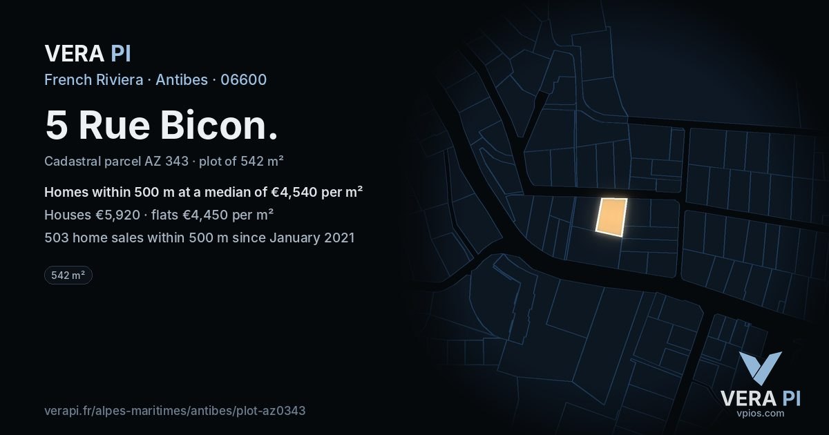 5 Rue Bicon, Antibes at night – the plot lit, the parcels around coloured by the prices near them
