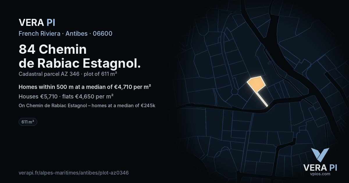 84 Chemin de Rabiac Estagnol, Antibes at night – the plot lit, the parcels around coloured by the prices near them