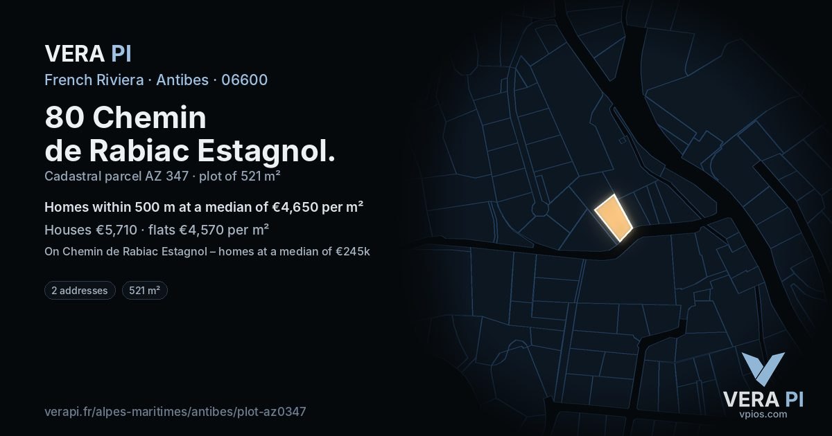 80 Chemin de Rabiac Estagnol, Antibes at night – the plot lit, the parcels around coloured by the prices near them