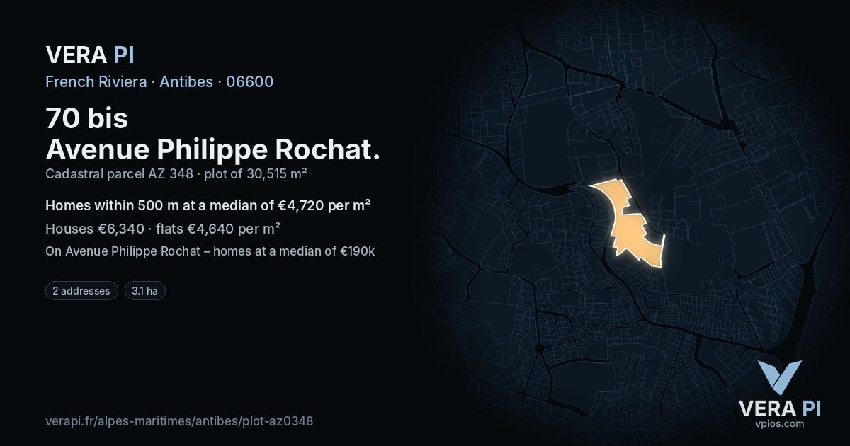 70 bis Avenue Philippe Rochat, Antibes at night – the plot lit, the parcels around coloured by the prices near them