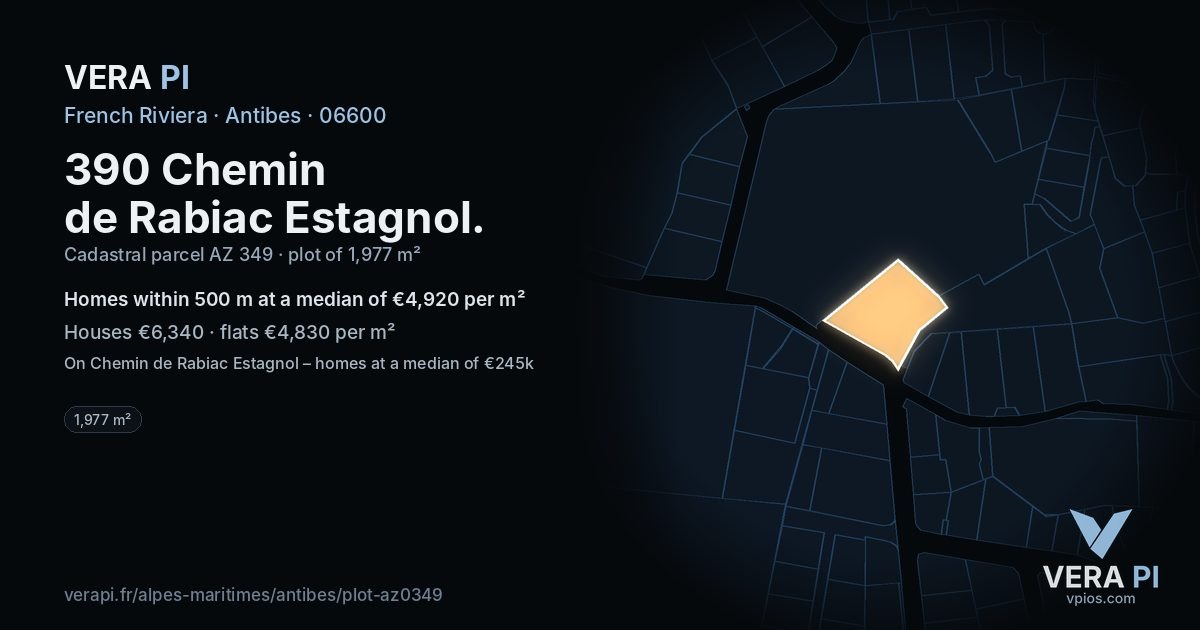 390 Chemin de Rabiac Estagnol, Antibes at night – the plot lit, the parcels around coloured by the prices near them