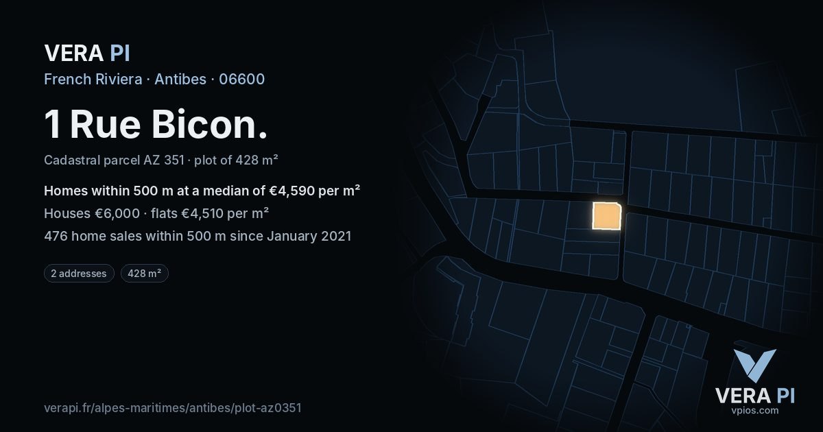 1 Rue Bicon, Antibes at night – the plot lit, the parcels around coloured by the prices near them