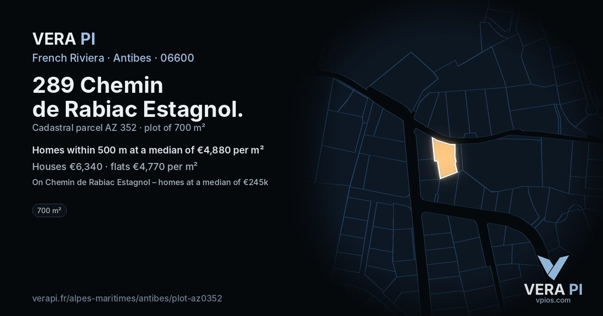 289 Chemin de Rabiac Estagnol, Antibes at night – the plot lit, the parcels around coloured by the prices near them