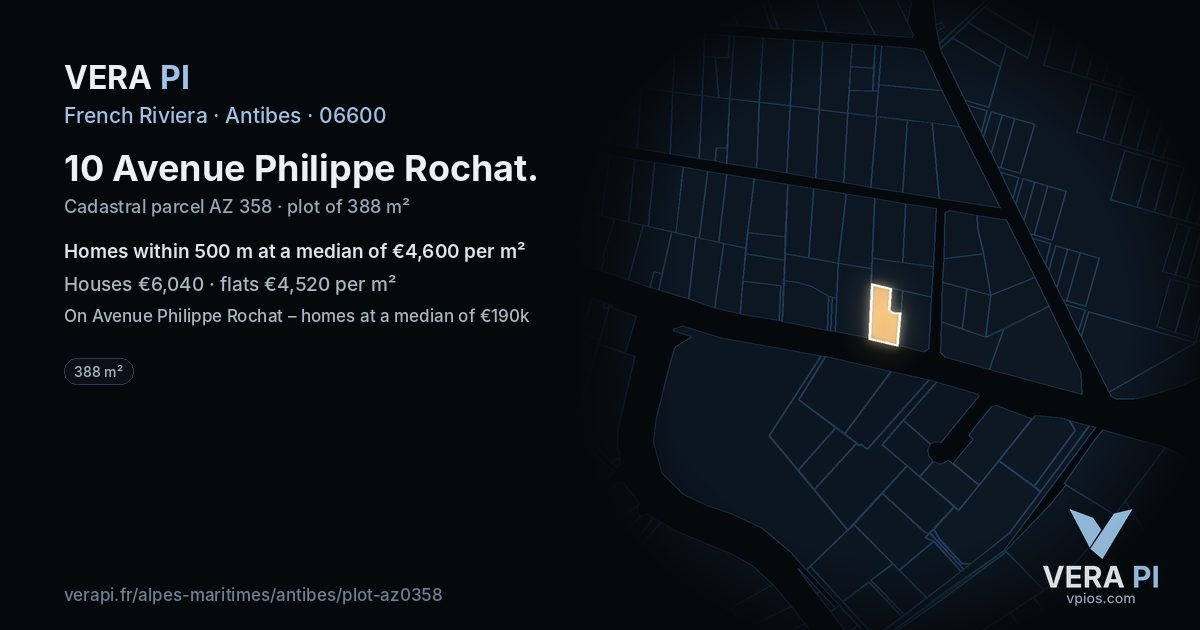 10 Avenue Philippe Rochat, Antibes at night – the plot lit, the parcels around coloured by the prices near them