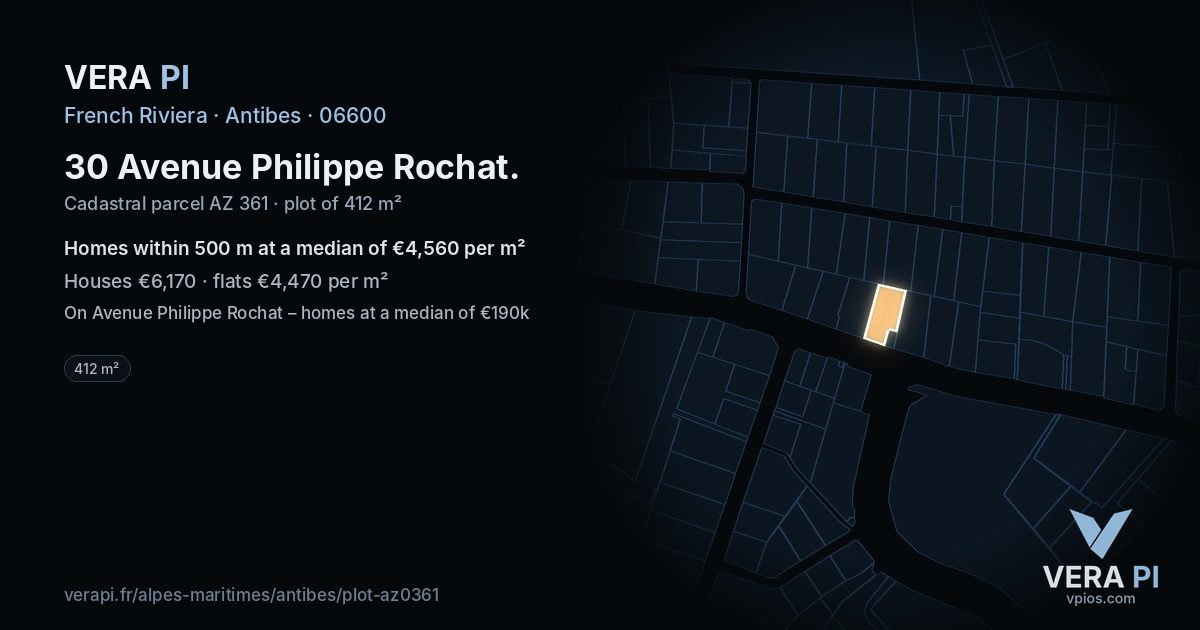 30 Avenue Philippe Rochat, Antibes at night – the plot lit, the parcels around coloured by the prices near them