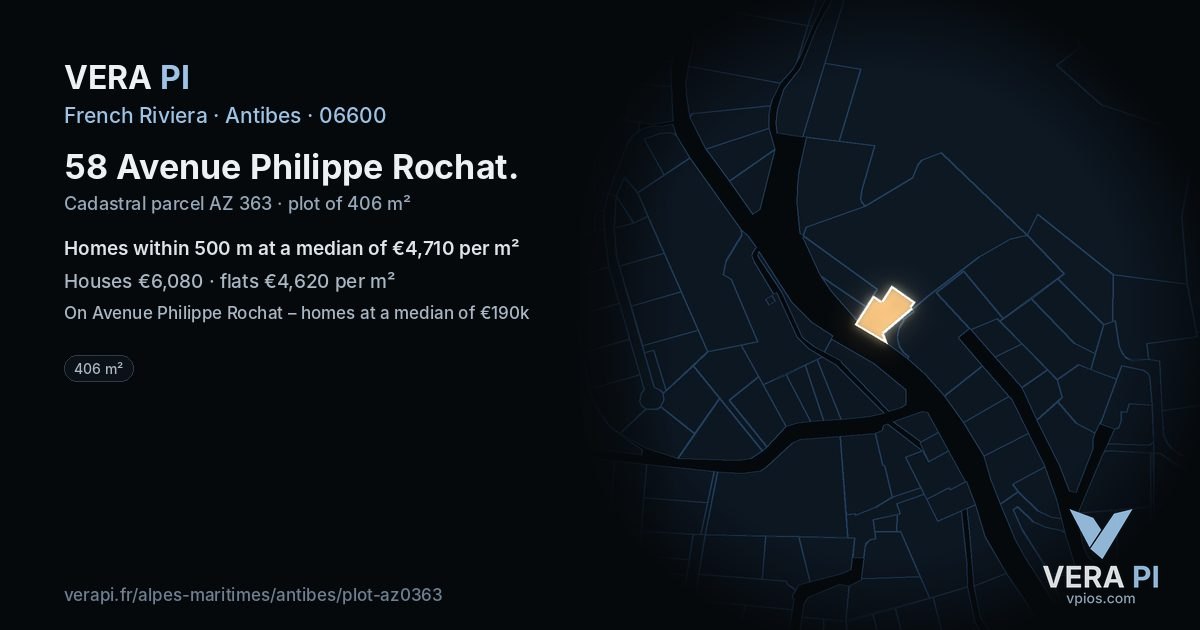 58 Avenue Philippe Rochat, Antibes at night – the plot lit, the parcels around coloured by the prices near them