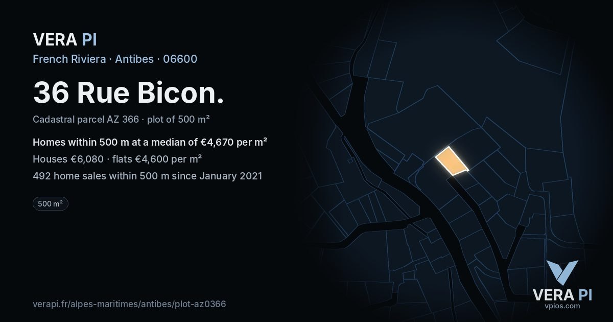 36 Rue Bicon, Antibes at night – the plot lit, the parcels around coloured by the prices near them