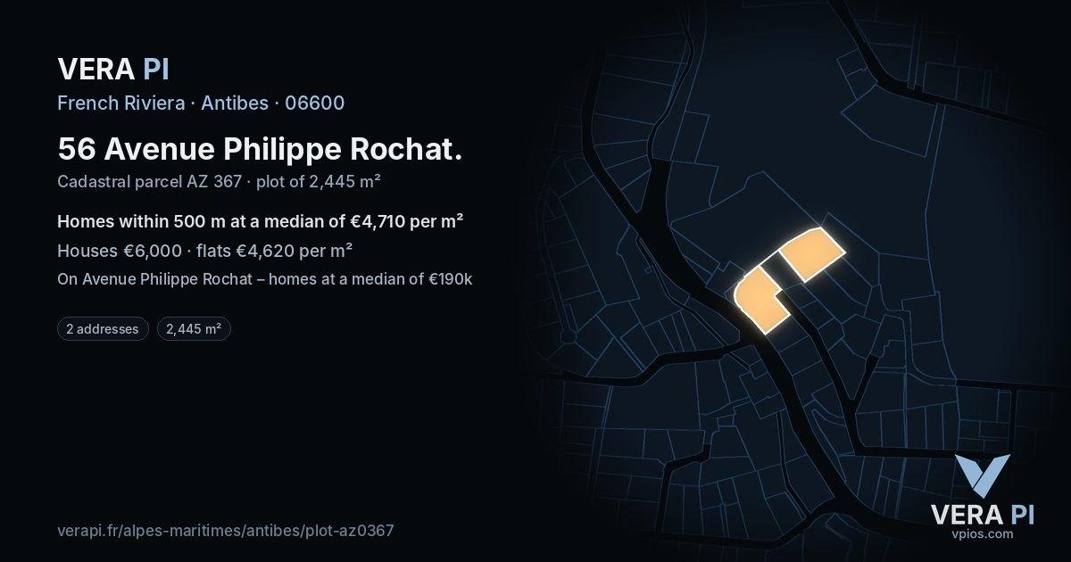 56 Avenue Philippe Rochat, Antibes at night – the plot lit, the parcels around coloured by the prices near them