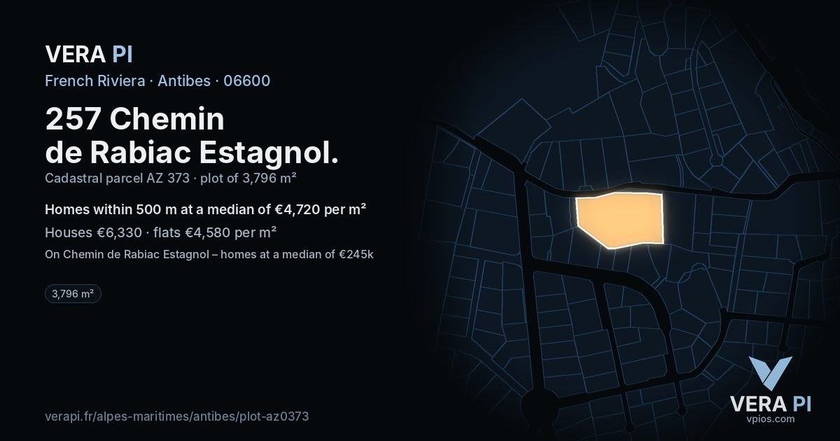 257 Chemin de Rabiac Estagnol, Antibes at night – the plot lit, the parcels around coloured by the prices near them