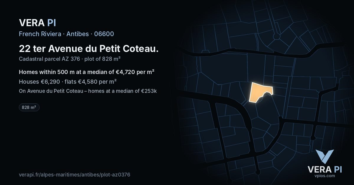22 ter Avenue du Petit Coteau, Antibes at night – the plot lit, the parcels around coloured by the prices near them