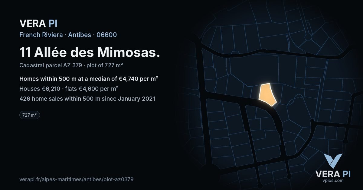11 Allée des Mimosas, Antibes at night – the plot lit, the parcels around coloured by the prices near them