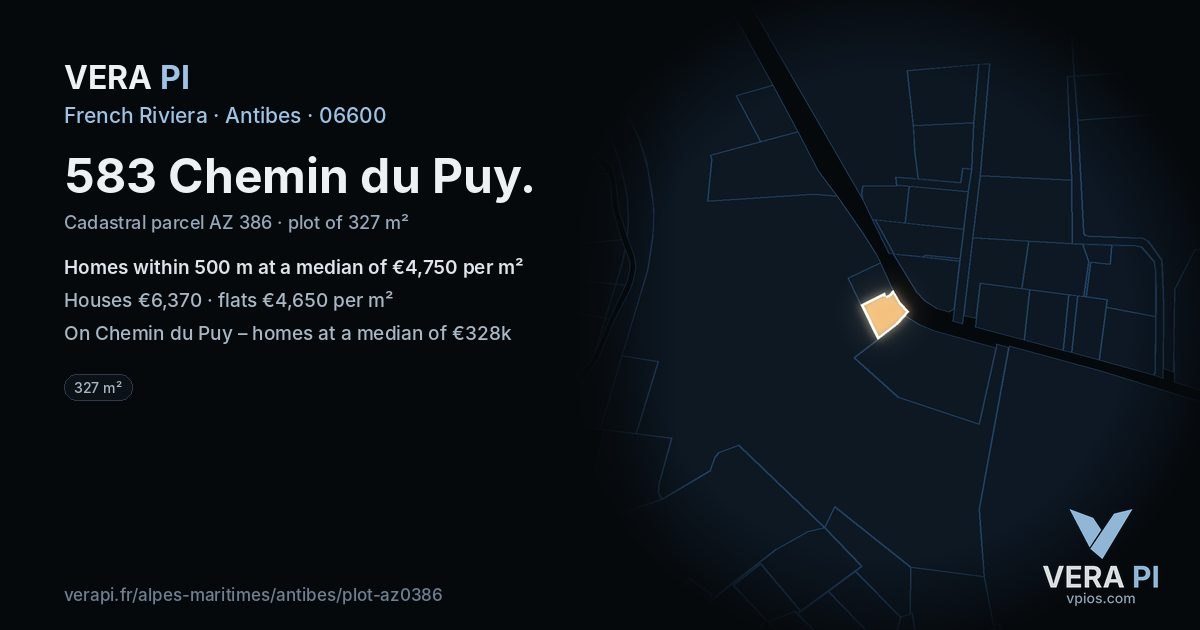 583 Chemin du Puy, Antibes at night – the plot lit, the parcels around coloured by the prices near them