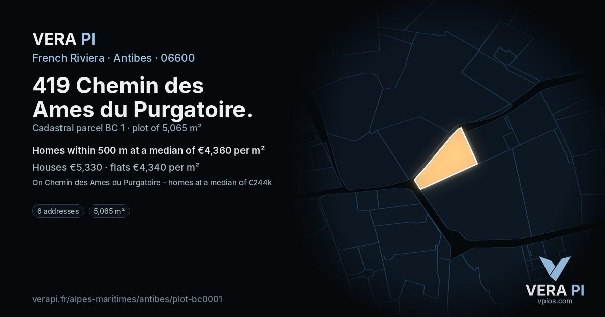 419 Chemin des Ames du Purgatoire, Antibes at night – the plot lit, the parcels around coloured by the prices near them