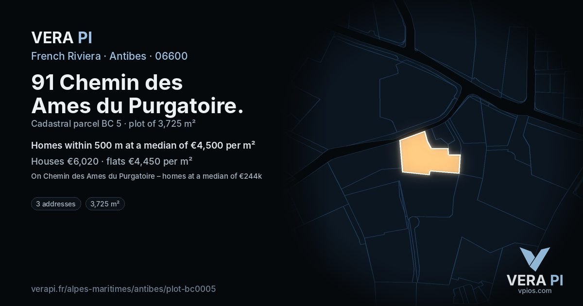91 Chemin des Ames du Purgatoire, Antibes at night – the plot lit, the parcels around coloured by the prices near them