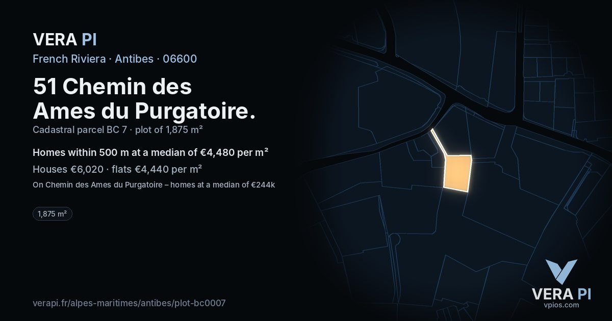 51 Chemin des Ames du Purgatoire, Antibes at night – the plot lit, the parcels around coloured by the prices near them