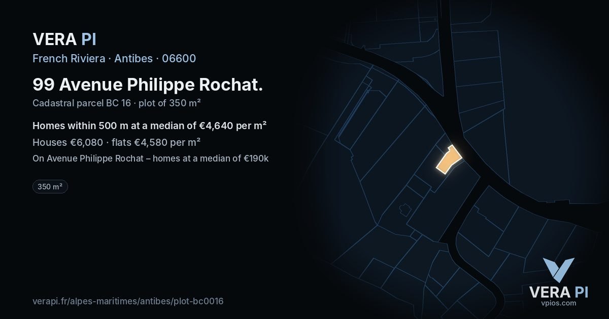 99 Avenue Philippe Rochat, Antibes at night – the plot lit, the parcels around coloured by the prices near them
