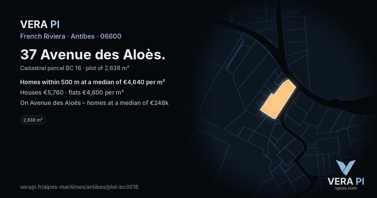 37 Avenue des Aloès, Antibes at night – the plot lit, the parcels around coloured by the prices near them