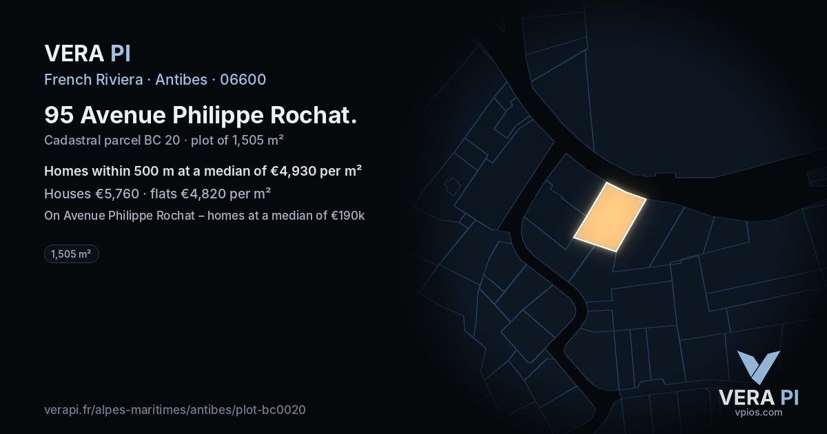 95 Avenue Philippe Rochat, Antibes at night – the plot lit, the parcels around coloured by the prices near them