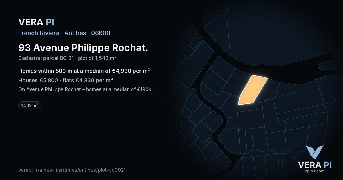 93 Avenue Philippe Rochat, Antibes at night – the plot lit, the parcels around coloured by the prices near them