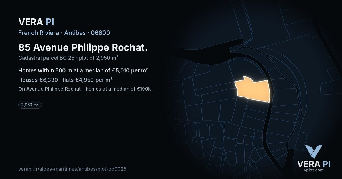 85 Avenue Philippe Rochat, Antibes at night – the plot lit, the parcels around coloured by the prices near them