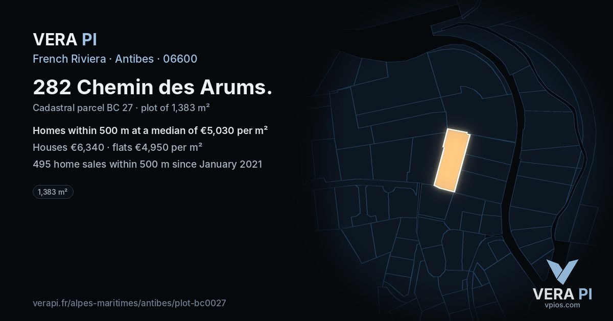 282 Chemin des Arums, Antibes at night – the plot lit, the parcels around coloured by the prices near them