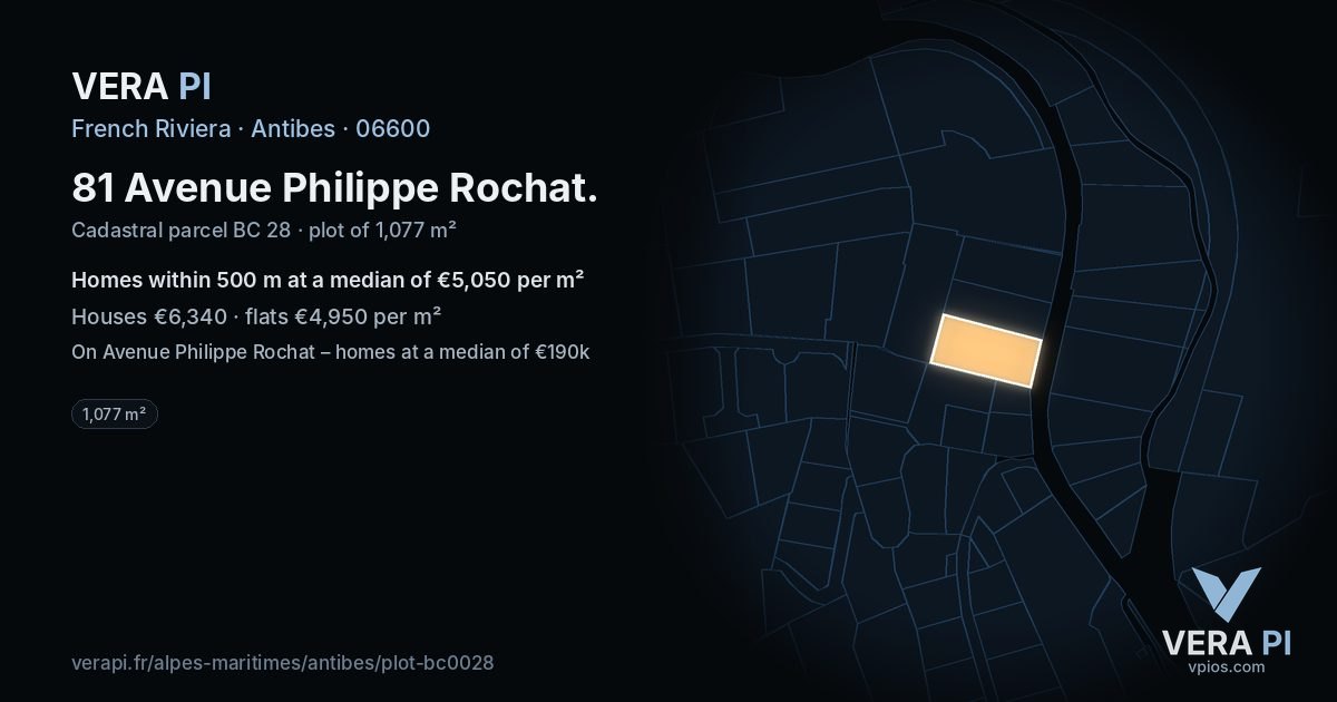 81 Avenue Philippe Rochat, Antibes at night – the plot lit, the parcels around coloured by the prices near them