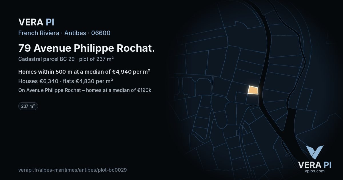 79 Avenue Philippe Rochat, Antibes at night – the plot lit, the parcels around coloured by the prices near them
