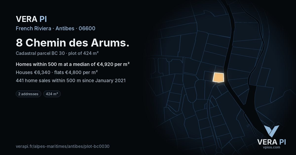 8 Chemin des Arums, Antibes at night – the plot lit, the parcels around coloured by the prices near them