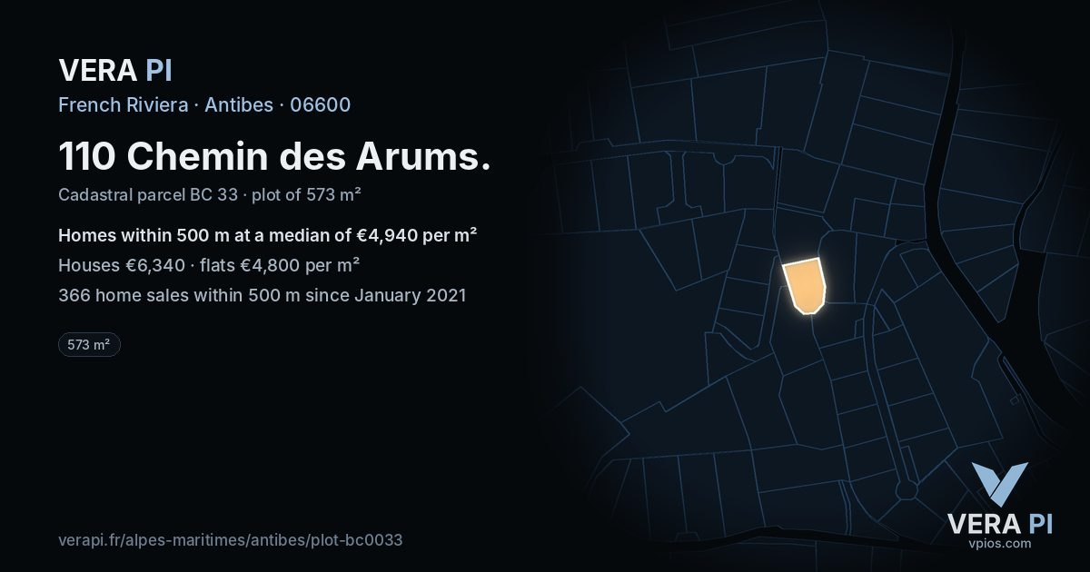 110 Chemin des Arums, Antibes at night – the plot lit, the parcels around coloured by the prices near them