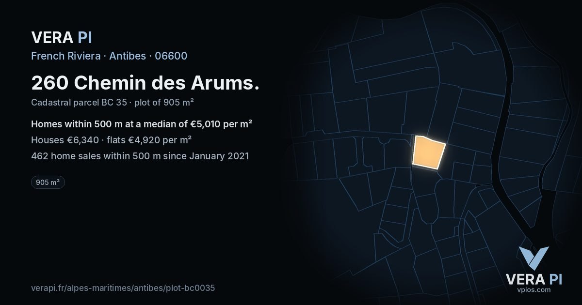 260 Chemin des Arums, Antibes at night – the plot lit, the parcels around coloured by the prices near them