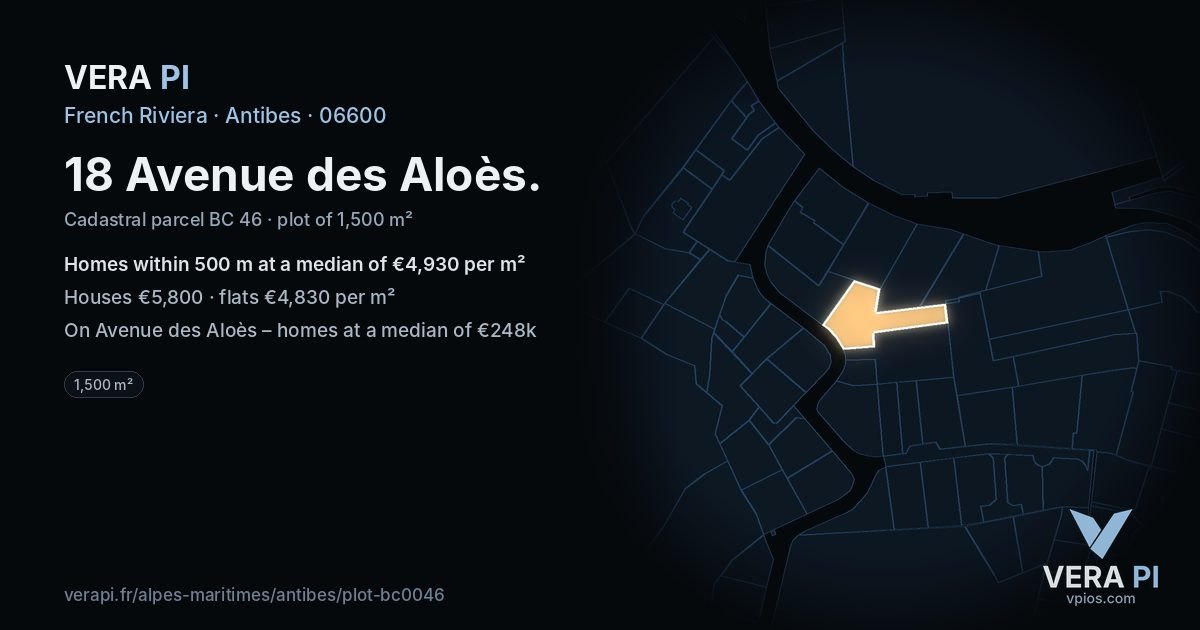 18 Avenue des Aloès, Antibes at night – the plot lit, the parcels around coloured by the prices near them