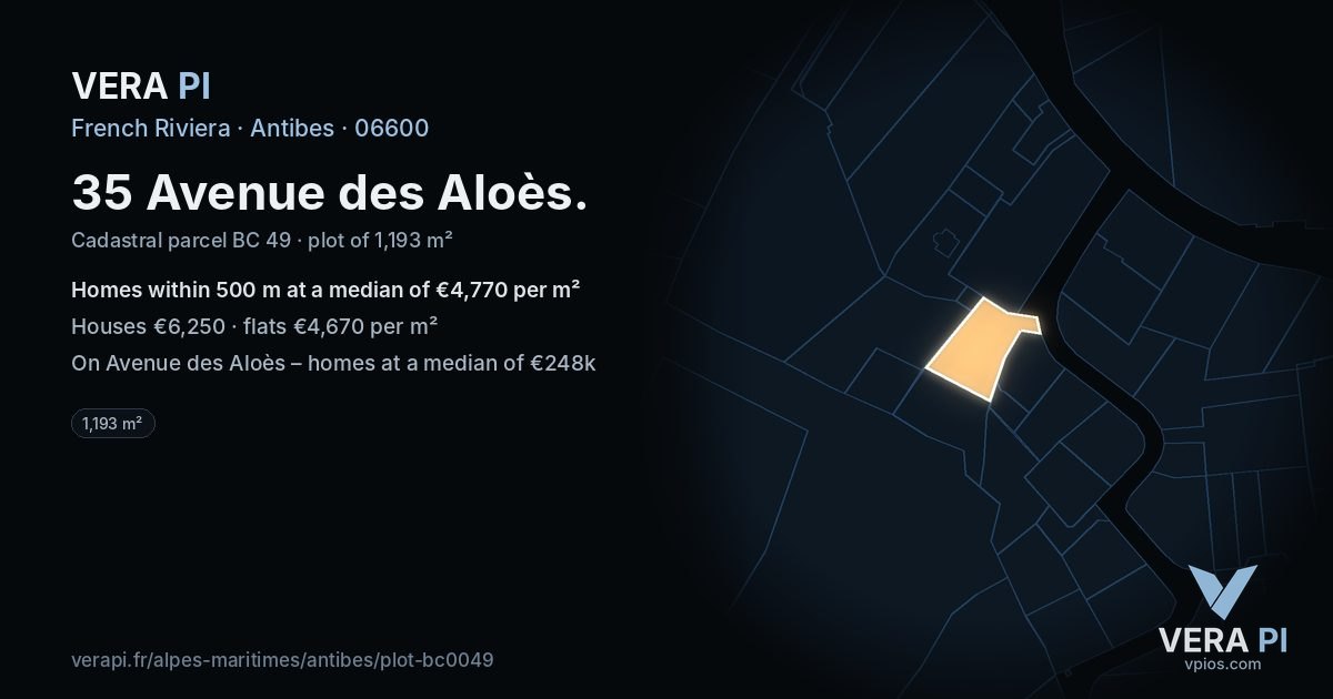 35 Avenue des Aloès, Antibes at night – the plot lit, the parcels around coloured by the prices near them