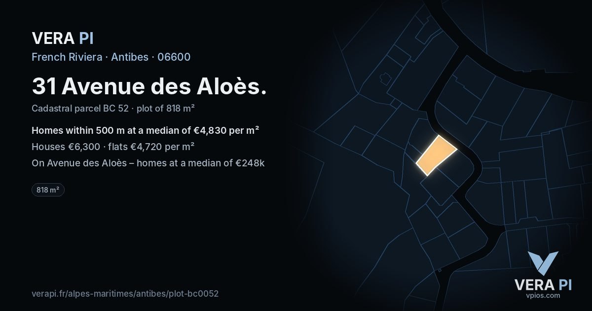 31 Avenue des Aloès, Antibes at night – the plot lit, the parcels around coloured by the prices near them
