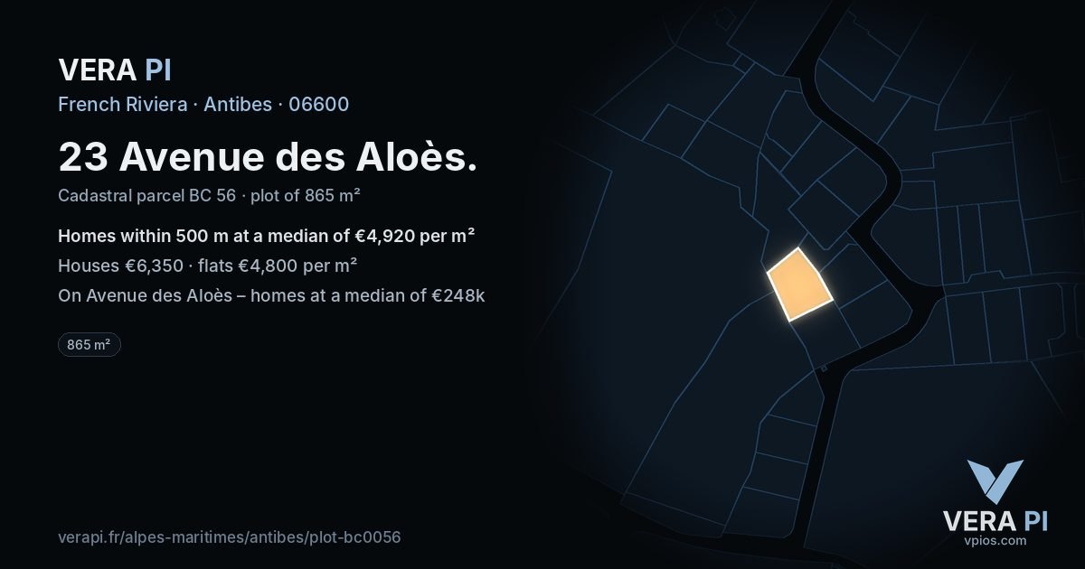 23 Avenue des Aloès, Antibes at night – the plot lit, the parcels around coloured by the prices near them