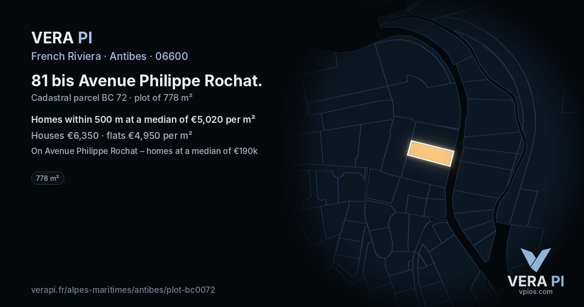 81 bis Avenue Philippe Rochat, Antibes at night – the plot lit, the parcels around coloured by the prices near them