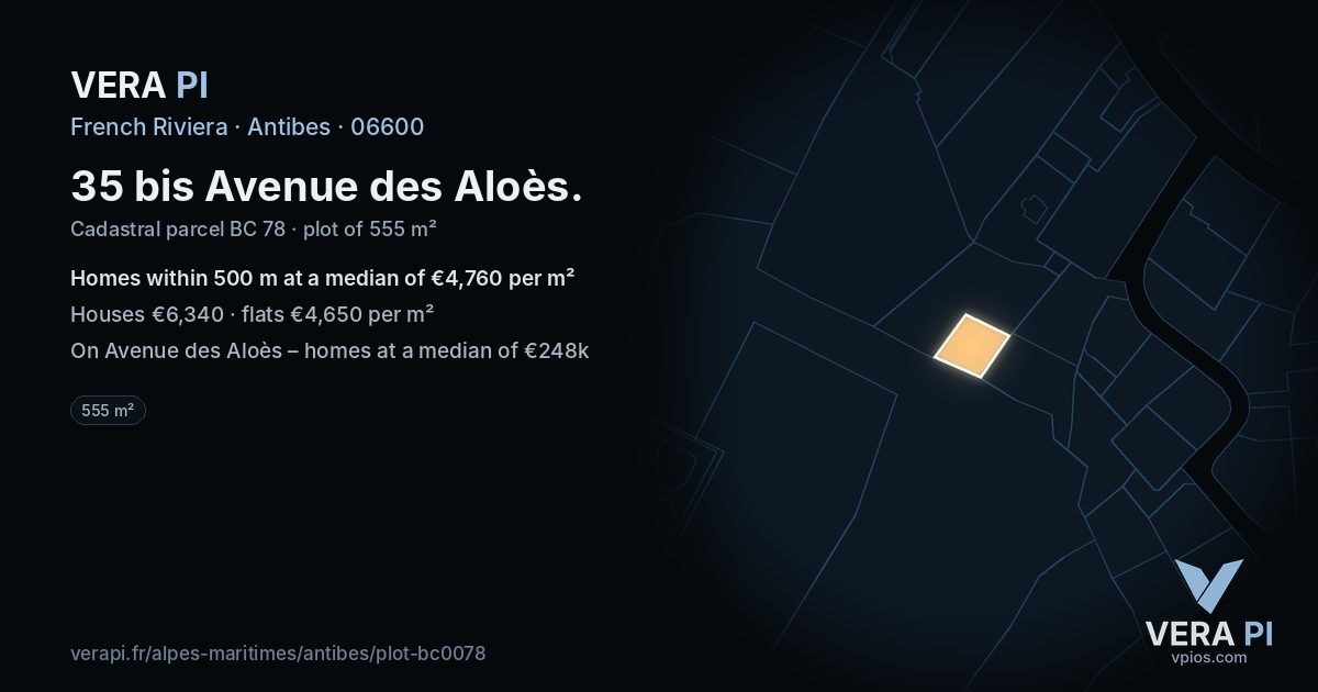 35 bis Avenue des Aloès, Antibes at night – the plot lit, the parcels around coloured by the prices near them