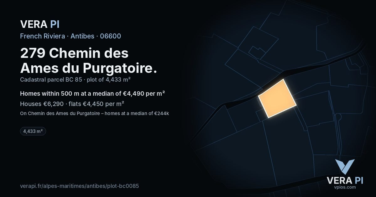 279 Chemin des Ames du Purgatoire, Antibes at night – the plot lit, the parcels around coloured by the prices near them