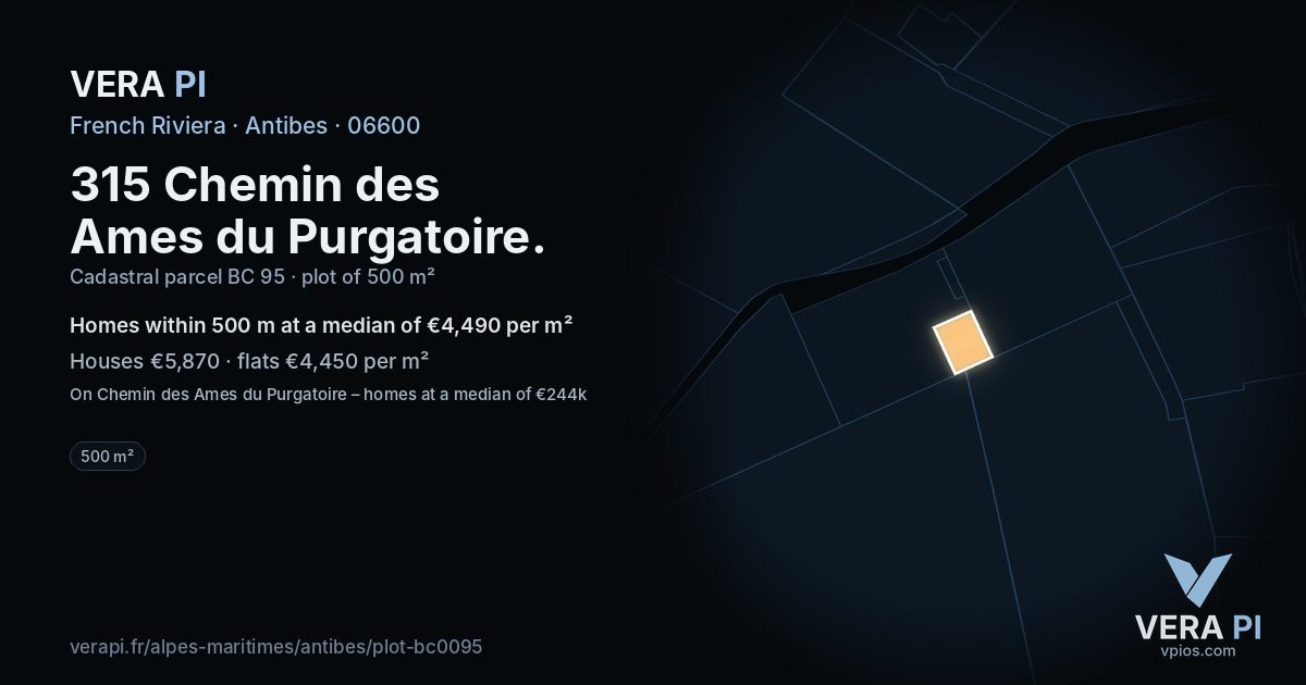 315 Chemin des Ames du Purgatoire, Antibes at night – the plot lit, the parcels around coloured by the prices near them