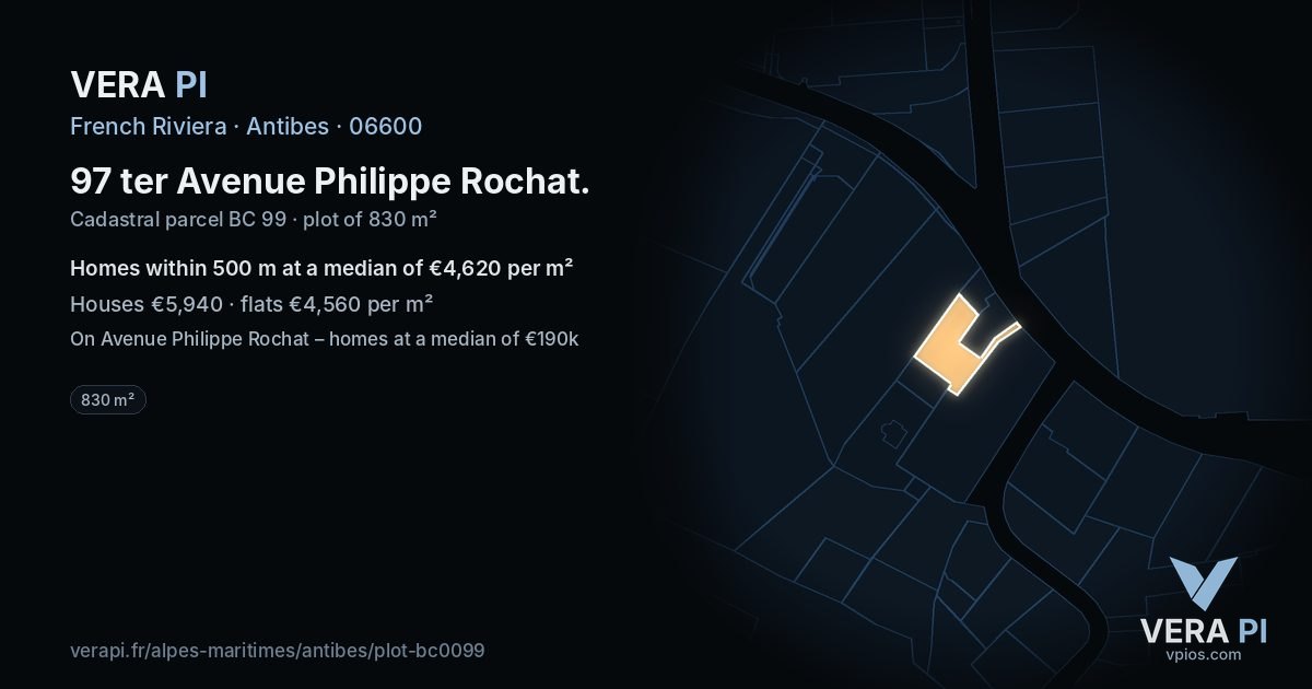 97 ter Avenue Philippe Rochat, Antibes at night – the plot lit, the parcels around coloured by the prices near them