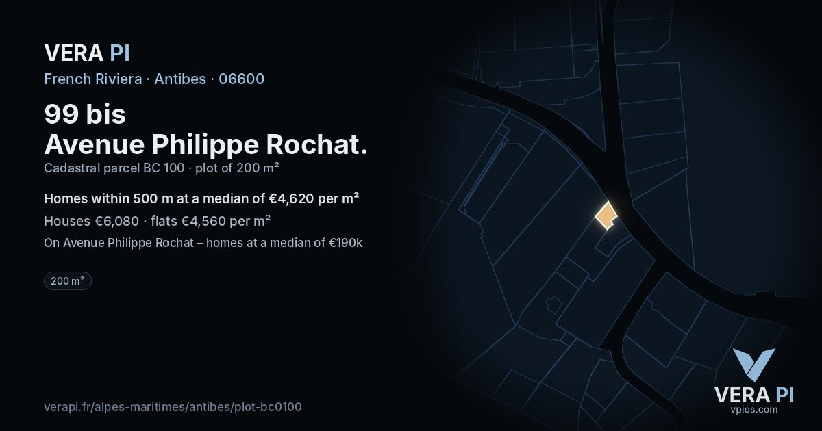 99 bis Avenue Philippe Rochat, Antibes at night – the plot lit, the parcels around coloured by the prices near them