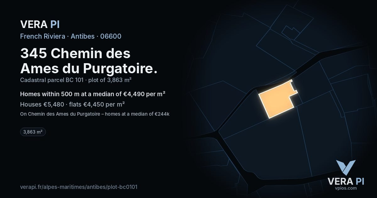 345 Chemin des Ames du Purgatoire, Antibes at night – the plot lit, the parcels around coloured by the prices near them