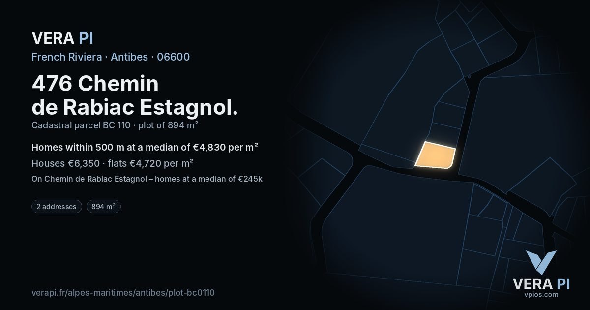 476 Chemin de Rabiac Estagnol, Antibes at night – the plot lit, the parcels around coloured by the prices near them