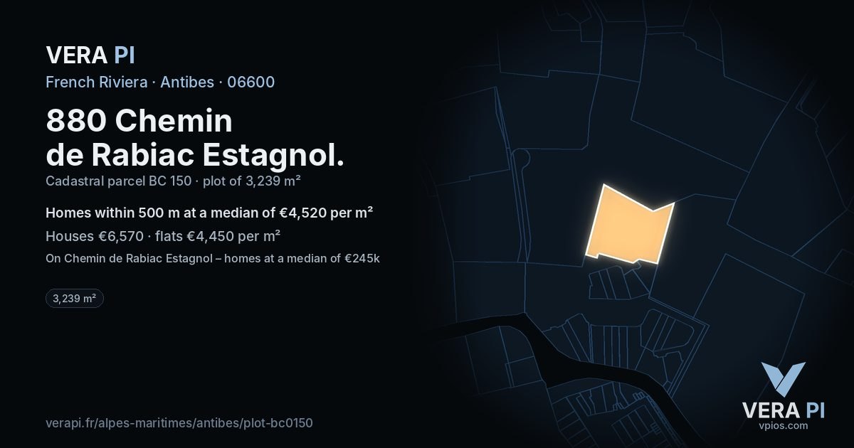 880 Chemin de Rabiac Estagnol, Antibes at night – the plot lit, the parcels around coloured by the prices near them