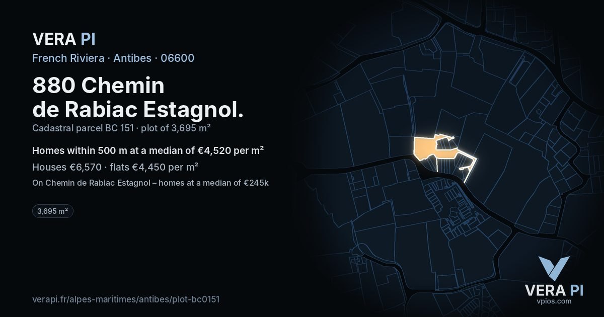 880 Chemin de Rabiac Estagnol, Antibes at night – the plot lit, the parcels around coloured by the prices near them